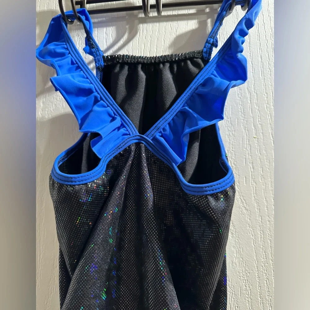 Black iridescent Leotard with blue flutter straps